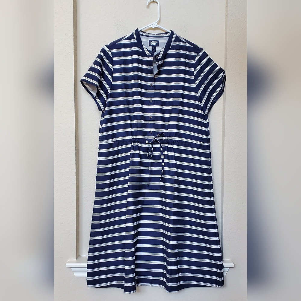 Lands' End Tie Waist Nautical Costal Striped Dress. Size Medium